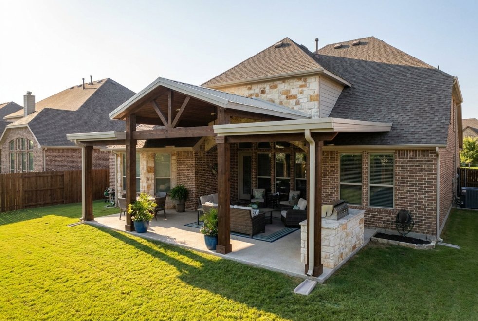 Covered backyard patio with wood beams and seating beside a brick suburban home